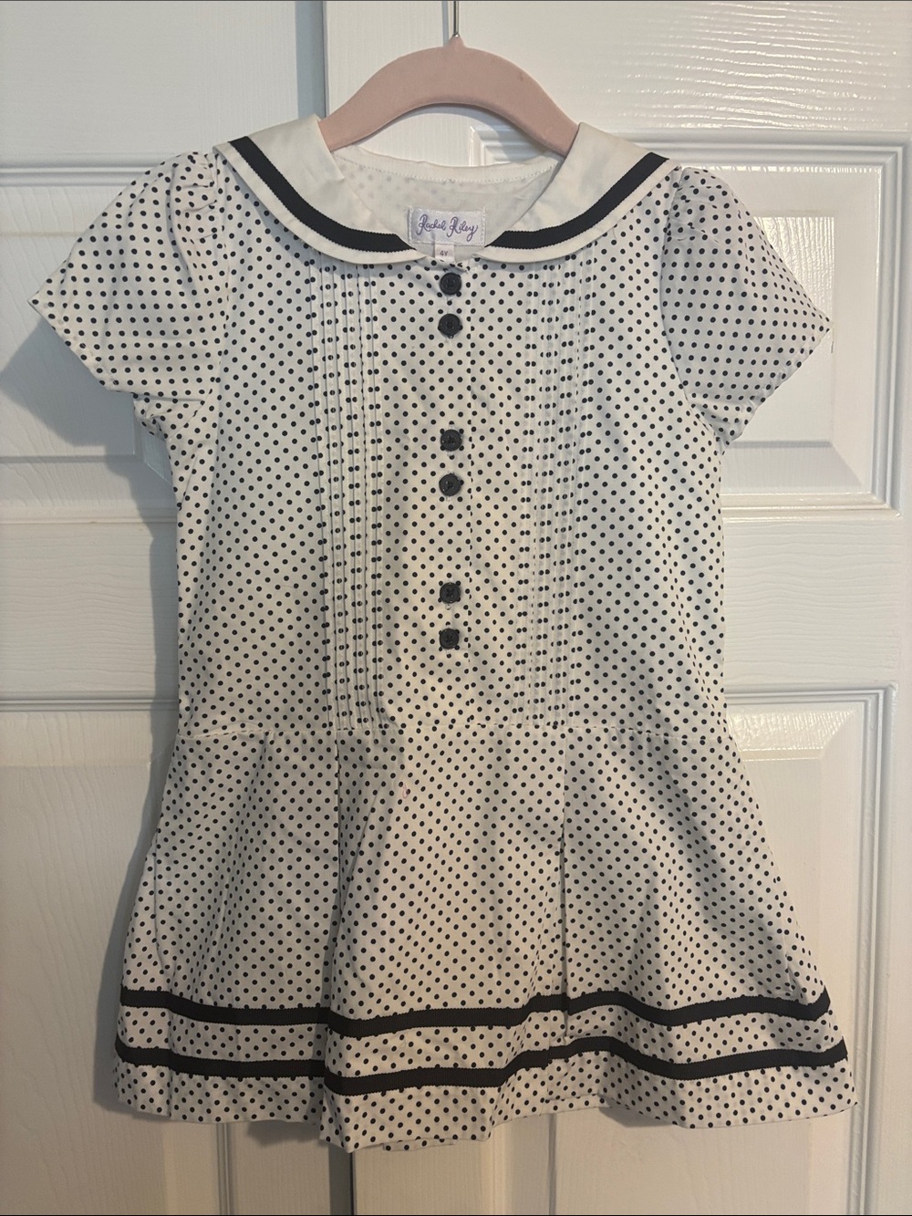 Rachel Riley White Dress with Black Polka Dots and Trim